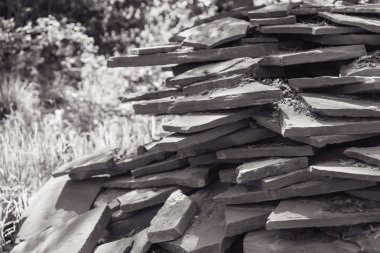 Yeşil çimenlerin üzerinde duran dekoratif taş karolar. Yapı malzemesi. Doğal taş karolar. Siyah beyaz fotoğraf.