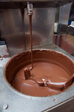 Şeker fabrikasında sütlü çikolata hazırlanması. Tatlı tatlı. Çikolata kütlesini karıştırmak için makine.