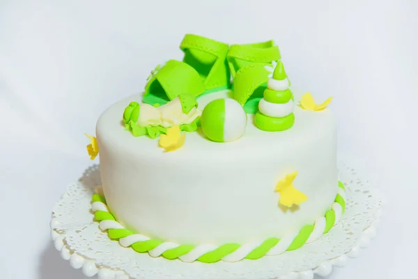 Wittekoek Met Groene Figuren Van Mastiek Zoet Zoetwaren Cake Het — Stockfoto