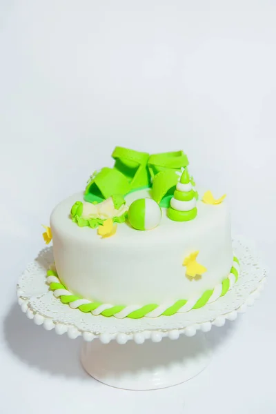 White Cake Green Figures Mastic Sweet Confectionery Cake White Frosting — Stock Photo, Image