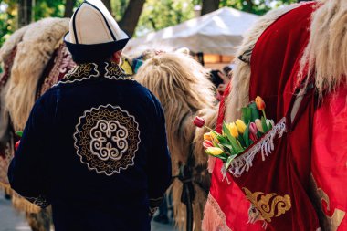 Kazak milli elbiseli bir adam develerin arka planına karşı duruyor. Çimkent şehrinde Arbat caddesi boyunca yürüyün. Kazakistan'da çiçek festivali.
