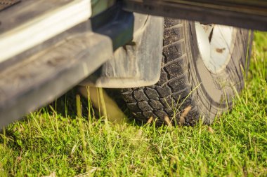 Araba tekerleği. Kazakistan'da doğaya yolculuk. Yeşil çim bir arka plan üzerinde arabanın gövdesi ve tekerlek.