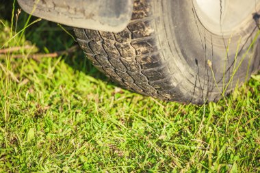 Araba tekerleği. Kazakistan'da doğaya yolculuk. Yeşil çim bir arka plan üzerinde arabanın gövdesi ve tekerlek.