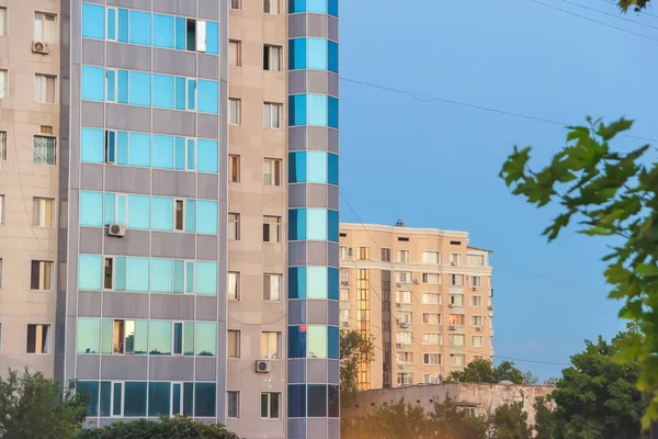 The texture of buildings in Shymkent. Office buildings in Kazakhstan. Old construction in the metropolis