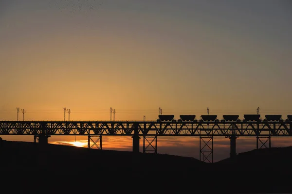 Railway Bridge Kazakhstan Freight Train Sunset Railway Cargo Transportation Central — Stock Photo, Image