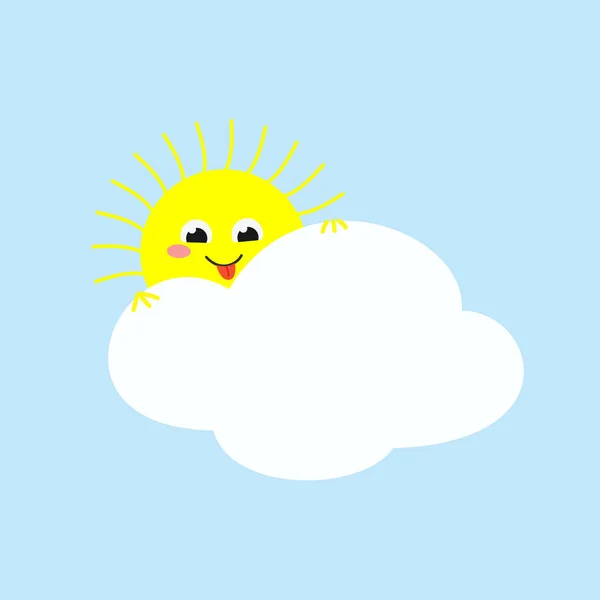 Sol bonito olhando para fora por trás de uma nuvem e mostrando sua língua — Vetor de Stock