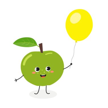 Çok güzel neşeli çizgi film elma bir hava balonu tutarak. Vektör düz illüstrasyon izole beyaz arka plan üzerinde 