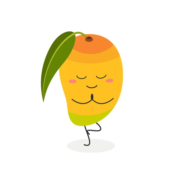 Lindo mango de dibujos animados practicando yoga — Vector de stock