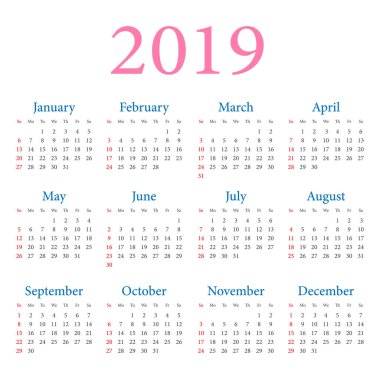 Basit yıllık takvim 2019