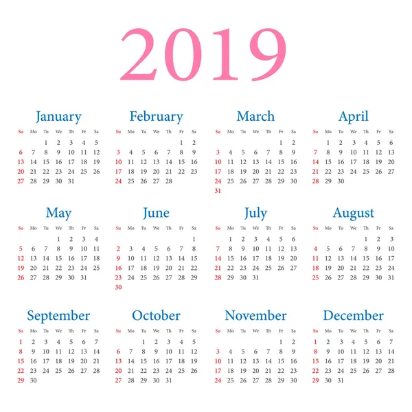Enkel årskalender 2019 – stockvektor