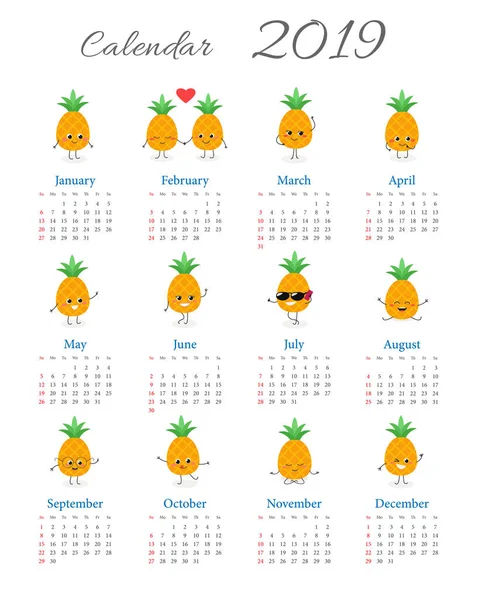 Calendrier annuel drôle d'ananas 2019 — Image vectorielle
