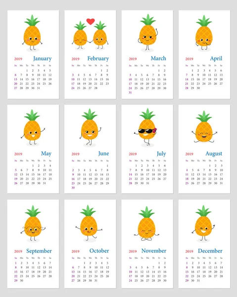 Calendrier mensuel mignon des ananas 2019 — Image vectorielle