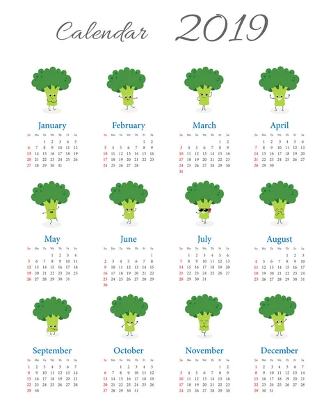 Calendrier annuel drôle de brocoli 2019 — Image vectorielle