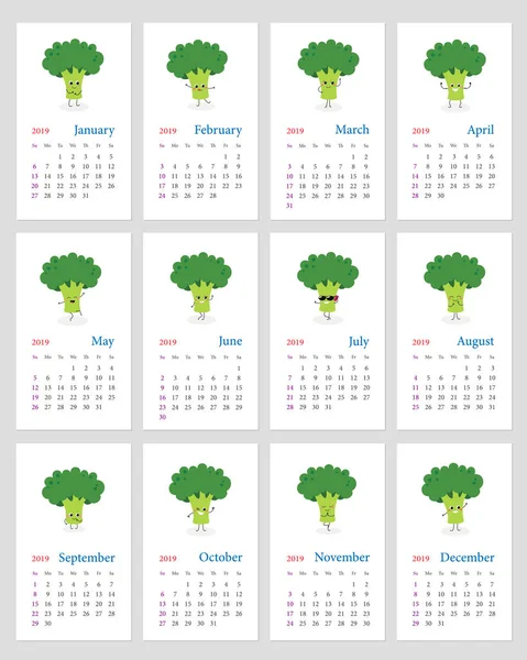 Calendrier mensuel mignon brocoli 2019 — Image vectorielle