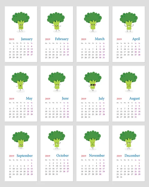 Calendrier brocoli drôle 2019 — Image vectorielle