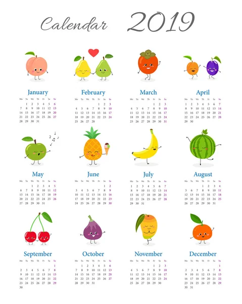 Calendrier annuel des fruits drôle 2019 — Image vectorielle