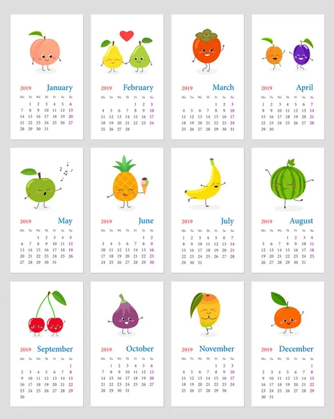 Calendrier mensuel mignon des fruits 2019 — Image vectorielle