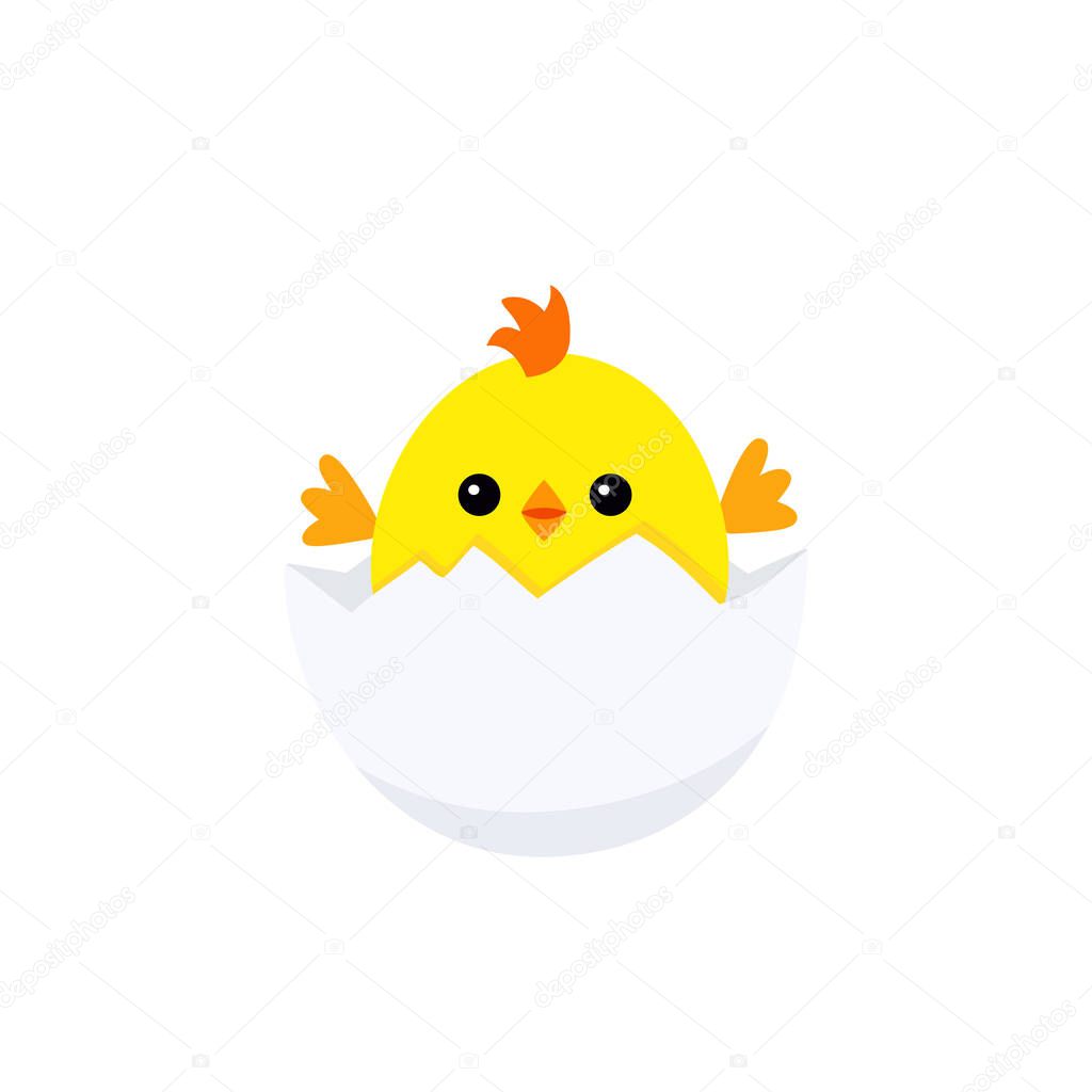 Adorable merry chicken baby peeking out of cracked egg. Vector illustration isolated on white background