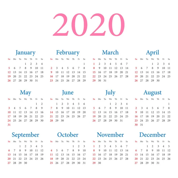 Kalender 2020 - enkel prosjekteringsmal – stockvektor