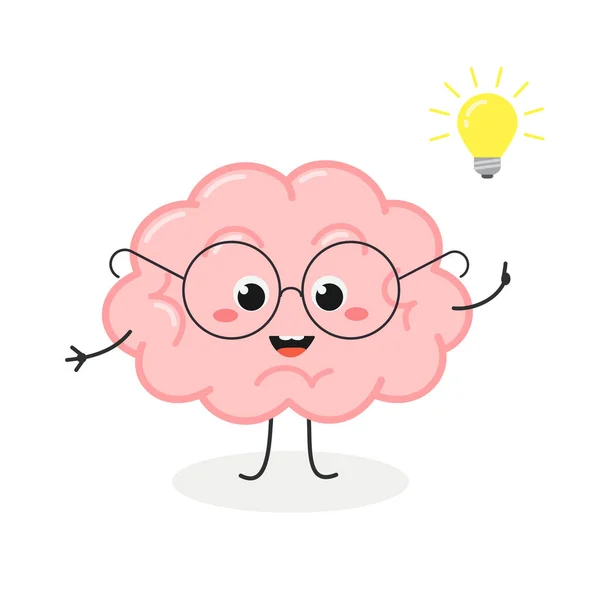 Cute nerd brain cartoon character with lightbulb — Stock Vector