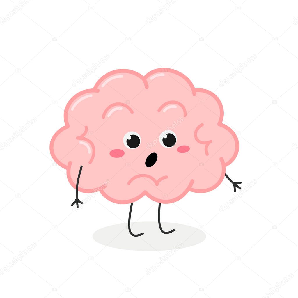 Cute shocked cartoon brain character vector illustration