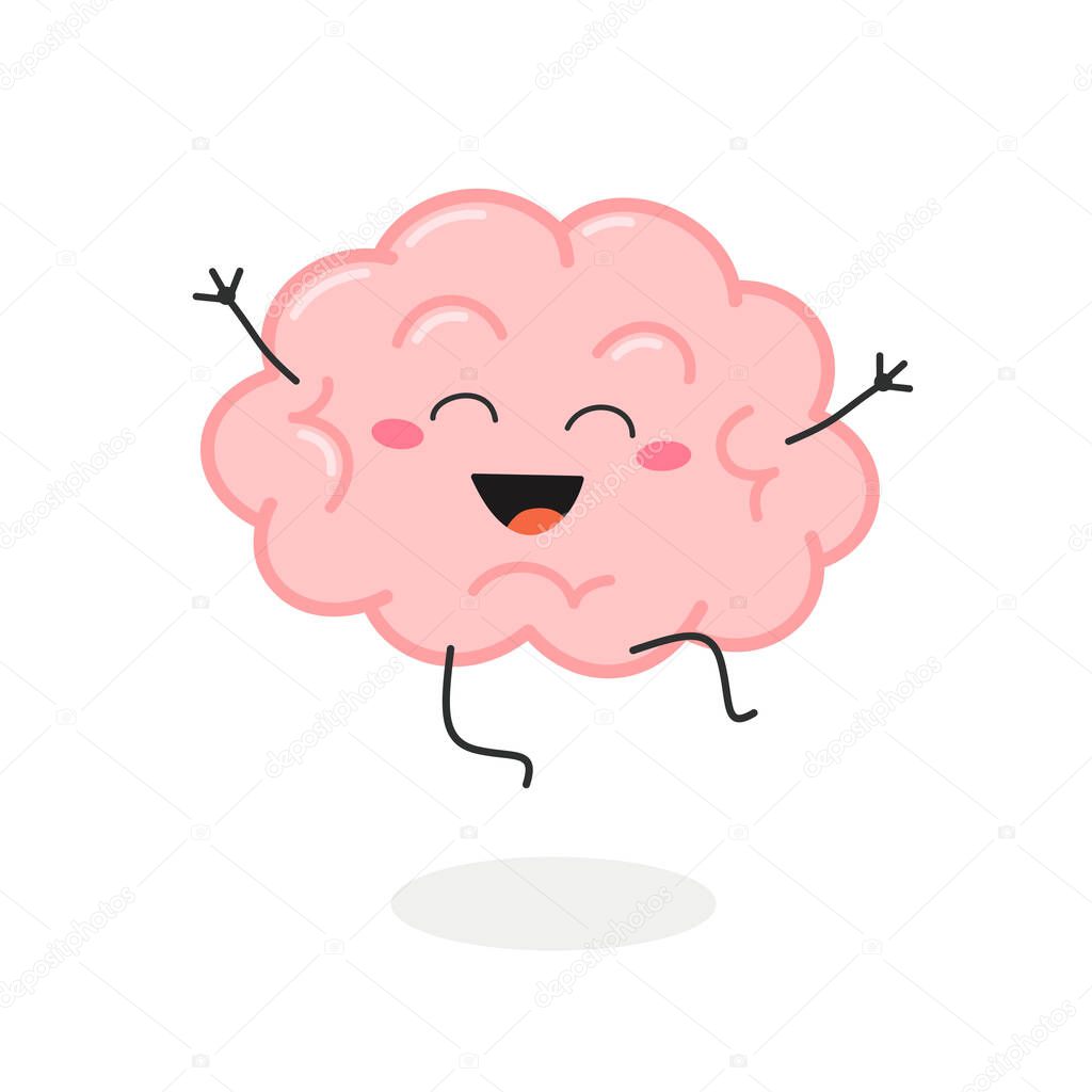 Happy excited cartoon brain character vector illustration