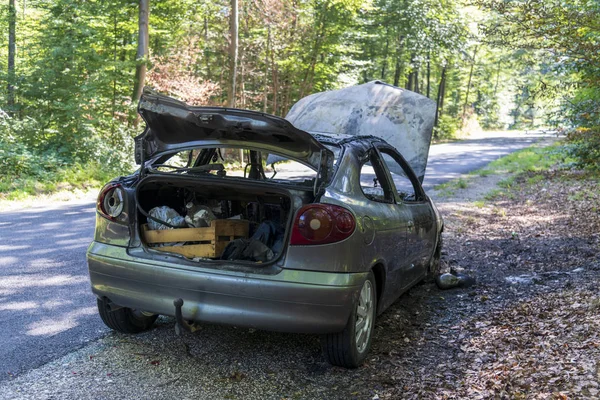 Fransa'da forrest yol kenarında yanmış araba
