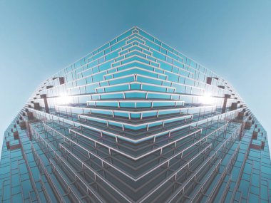 Çelik mavi camlı gökdelenlere panoramik ve perspektif manzarası, başarılı endüstriyel mimari iş konsepti