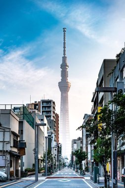 Kinshicho, Tokyo/Japonya - 22 Haziran 2018: Main Caddesi'ne Tokyo Skytree gündoğumu