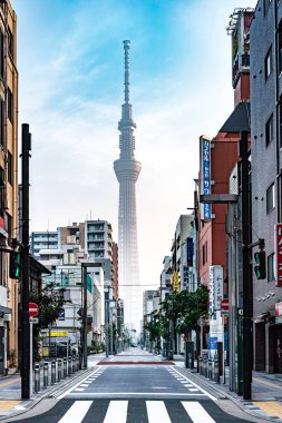 Kinshicho, Tokyo/Japonya - 22 Haziran 2018: Main Caddesi'ne Tokyo Skytree gündoğumu