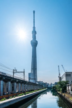 Tokyo, Japonya - 22 Haziran 2018: Tokyo Sky Ağaç ve mavi gökyüzü. Ağaç Gökyüzü Tokyo Tokyo ünlü dönüm noktası biridir. Ne zaman inşa dünyada en yüksek bir yapıdır.