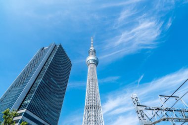 Tokyo, Japonya - 22 Haziran 2018: Tokyo Sky Ağaç ve mavi gökyüzü. Ağaç Gökyüzü Tokyo Tokyo ünlü dönüm noktası biridir. Ne zaman inşa dünyada en yüksek bir yapıdır.