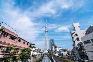 Tokyo, Japonya - 22 Haziran 2018: Tokyo Sky Tree, gün batımı ve mavi gökyüzü. Ağaç Gökyüzü Tokyo Tokyo ünlü dönüm noktası biridir. Ne zaman inşa dünyada en yüksek bir yapıdır.