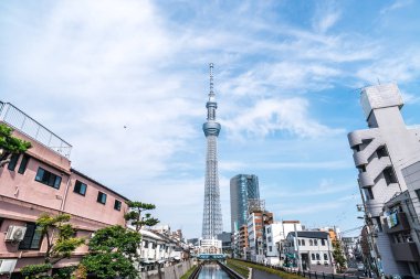 Tokyo, Japonya - 22 Haziran 2018: Tokyo Sky Tree, gün batımı ve mavi gökyüzü. Ağaç Gökyüzü Tokyo Tokyo ünlü dönüm noktası biridir. Ne zaman inşa dünyada en yüksek bir yapıdır.