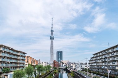 Tokyo, Japonya - 22 Haziran 2018: Tokyo Sky Tree, gün batımı ve mavi gökyüzü. Ağaç Gökyüzü Tokyo Tokyo ünlü dönüm noktası biridir. Ne zaman inşa dünyada en yüksek bir yapıdır.