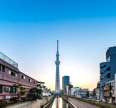 Tokyo, Japonya - 22 Haziran 2018: Tokyo Sky Tree, gün batımı ve mavi gökyüzü. Ağaç Gökyüzü Tokyo Tokyo ünlü dönüm noktası biridir. Ne zaman inşa dünyada en yüksek bir yapıdır.