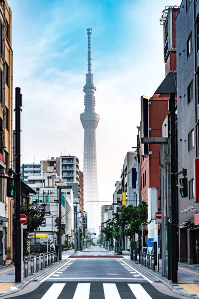 Kinshicho, Tokyo/Japonya - 22 Haziran 2018: Main Caddesi'ne Tokyo Skytree gündoğumu