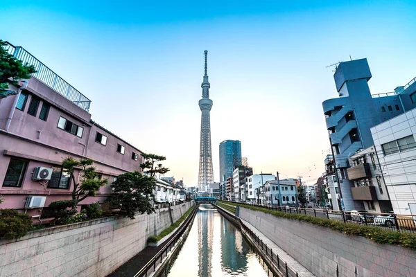 Tokyo, Japonya - 22 Haziran 2018: Tokyo Sky Tree, gün batımı ve mavi gökyüzü. Ağaç Gökyüzü Tokyo Tokyo ünlü dönüm noktası biridir. Ne zaman inşa dünyada en yüksek bir yapıdır.