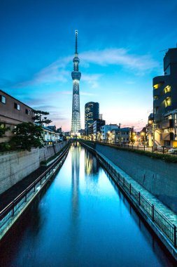 Tokyo, Japonya - 22 Haziran 2018: Tokyo Skytree, Sumida Ward kentsel gece sahne. Tokyo Skytree Kulesi kanalın üzerine düşünceler. Ağaç Gökyüzü Tokyo Tokyo ünlü dönüm noktası biridir.