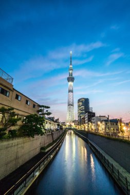 Tokyo, Japonya - 22 Haziran 2018: Tokyo Skytree, Sumida Ward kentsel gece sahne. Tokyo Skytree Kulesi kanalın üzerine düşünceler. Ağaç Gökyüzü Tokyo Tokyo ünlü dönüm noktası biridir.