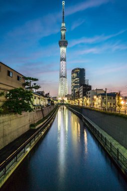 Tokyo, Japonya - 22 Haziran 2018: Tokyo Skytree, Sumida Ward kentsel gece sahne. Tokyo Skytree Kulesi kanalın üzerine düşünceler. Ağaç Gökyüzü Tokyo Tokyo ünlü dönüm noktası biridir.
