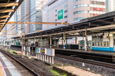 Kinshicho, Tokyo/Japonya - 22 Haziran 2018: Tokyo, Japonya'da tren için bekleyenler görünümünü bulanıklık