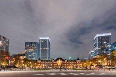Alacakaranlık saat Tokyo İstasyonu. Ana terminale Tokyo Tokyo İstasyonu olduğunu.