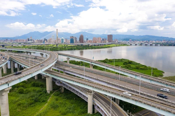 Traffic Aerial View - Traffic concept image, birds eye daytime view use the drone in Taipei, Taiwan.