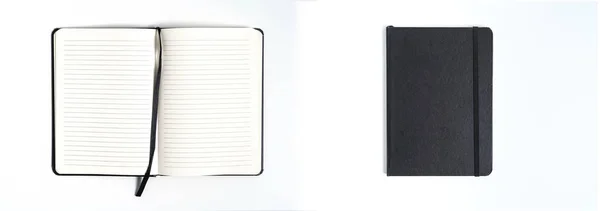 Cuaderno de simulacro con blanco negro limpio para el diseño y la publicidad. Bloc de notas con muelle cromado y plantilla de espacio de copia gratuita. Sobre el fondo gris . — Foto de Stock