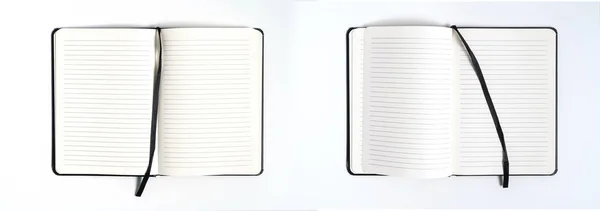 Notebook modellare con bianco nero pulito per il design e la pubblicità. Blocco note con molla cromata e modello di spazio di copia gratuito. Sullo sfondo grigio . — Foto Stock