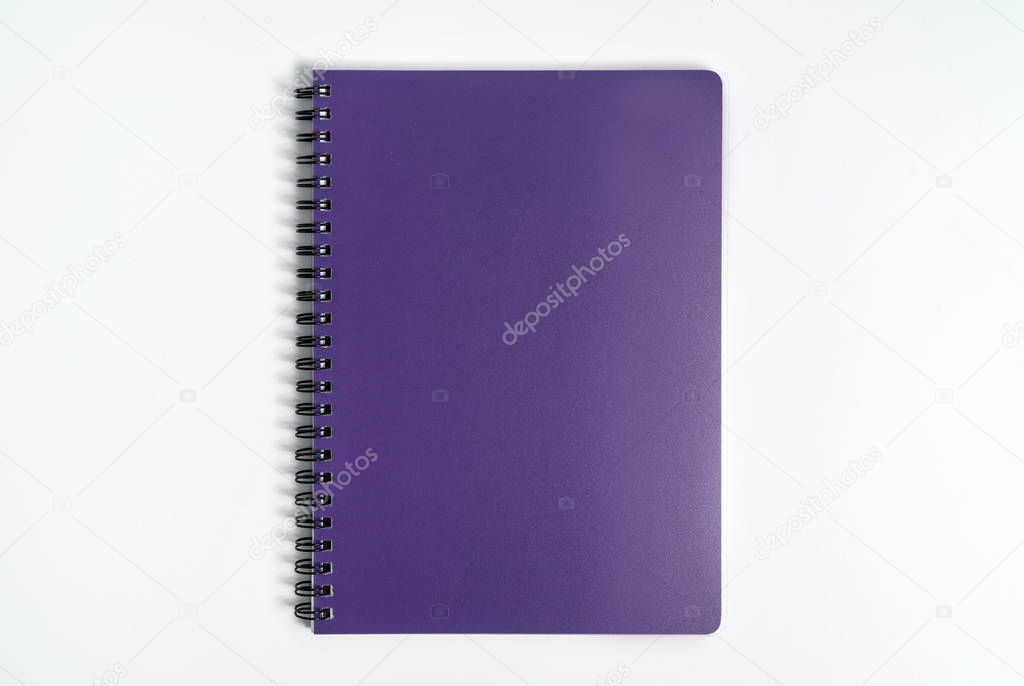 Business concept - Top view collection of spiral kraft notebook front, purple And white open page isolated on background for mockup