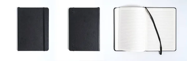 Notebook mock up com branco preto limpo para design e publicidade. Bloco de notas com mola cromada e modelo de espaço livre cópia. No fundo cinza . — Fotografia de Stock