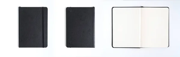 笔记本模拟用干净的黑色空白设计和广告。记事本，带镀铬弹簧和免费复制空间模板。在灰色背景上. — 图库照片