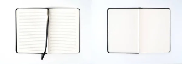 Notebook mock up com branco preto limpo para design e publicidade. Bloco de notas com mola cromada e modelo de espaço livre cópia. No fundo cinza . — Fotografia de Stock